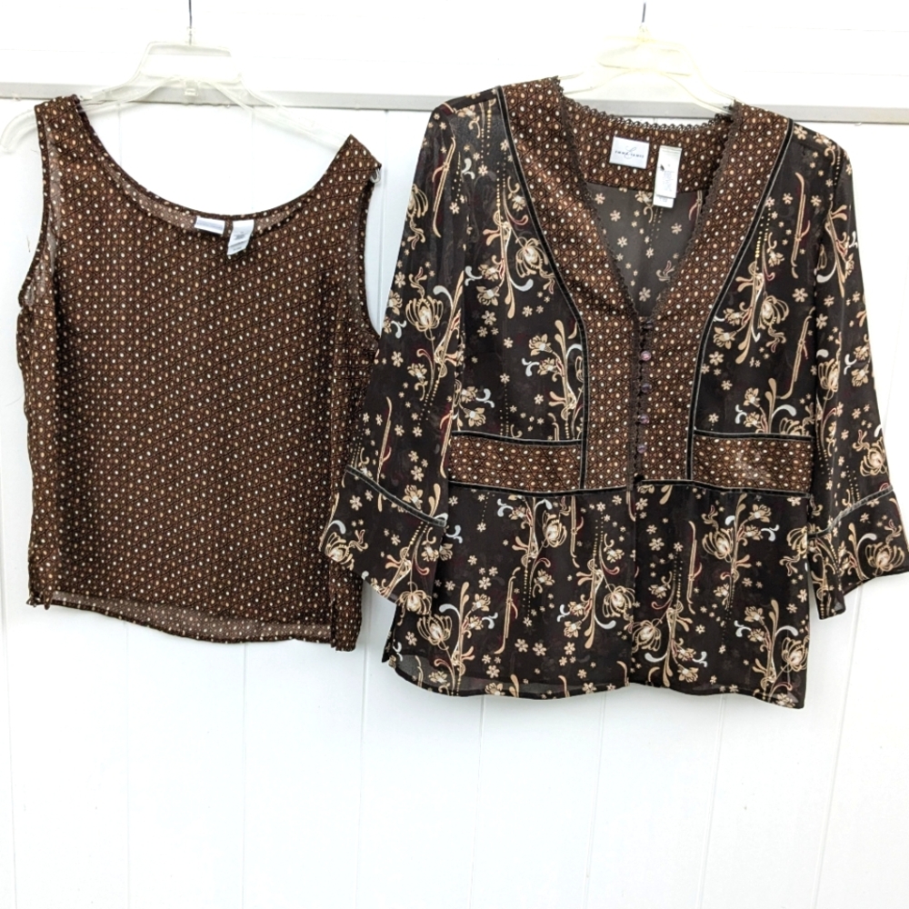 2 Pieces Emma James Blouse & Tank Set Brown Floral Size 16 Business or Dress EUC